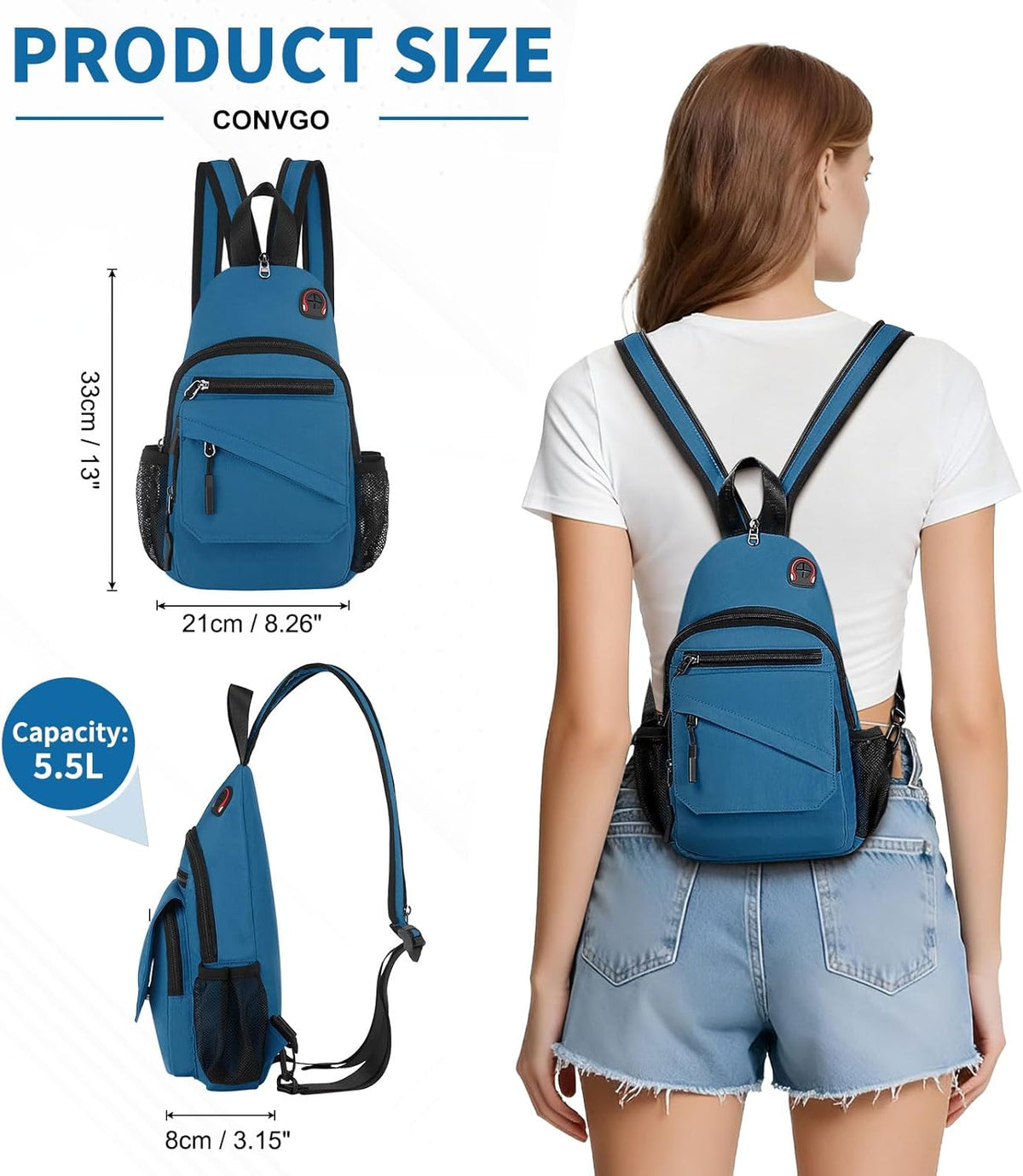 Small Crossbody Bag Casual Sling Bag for Men, Convertible Backpack, 3-in-1 Anti-Theft Shoulder Bag Trendy Daypack for Travel, Black