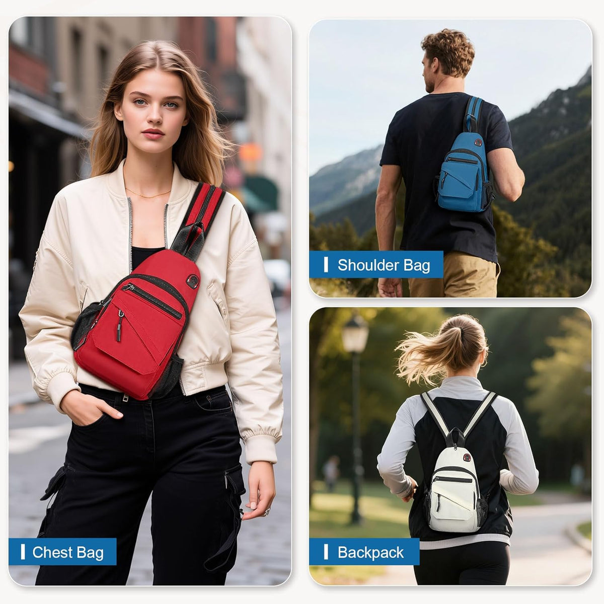 Small Crossbody Bag Casual Sling Bag for Men, Convertible Backpack, 3-in-1 Anti-Theft Shoulder Bag Trendy Daypack for Travel, Black