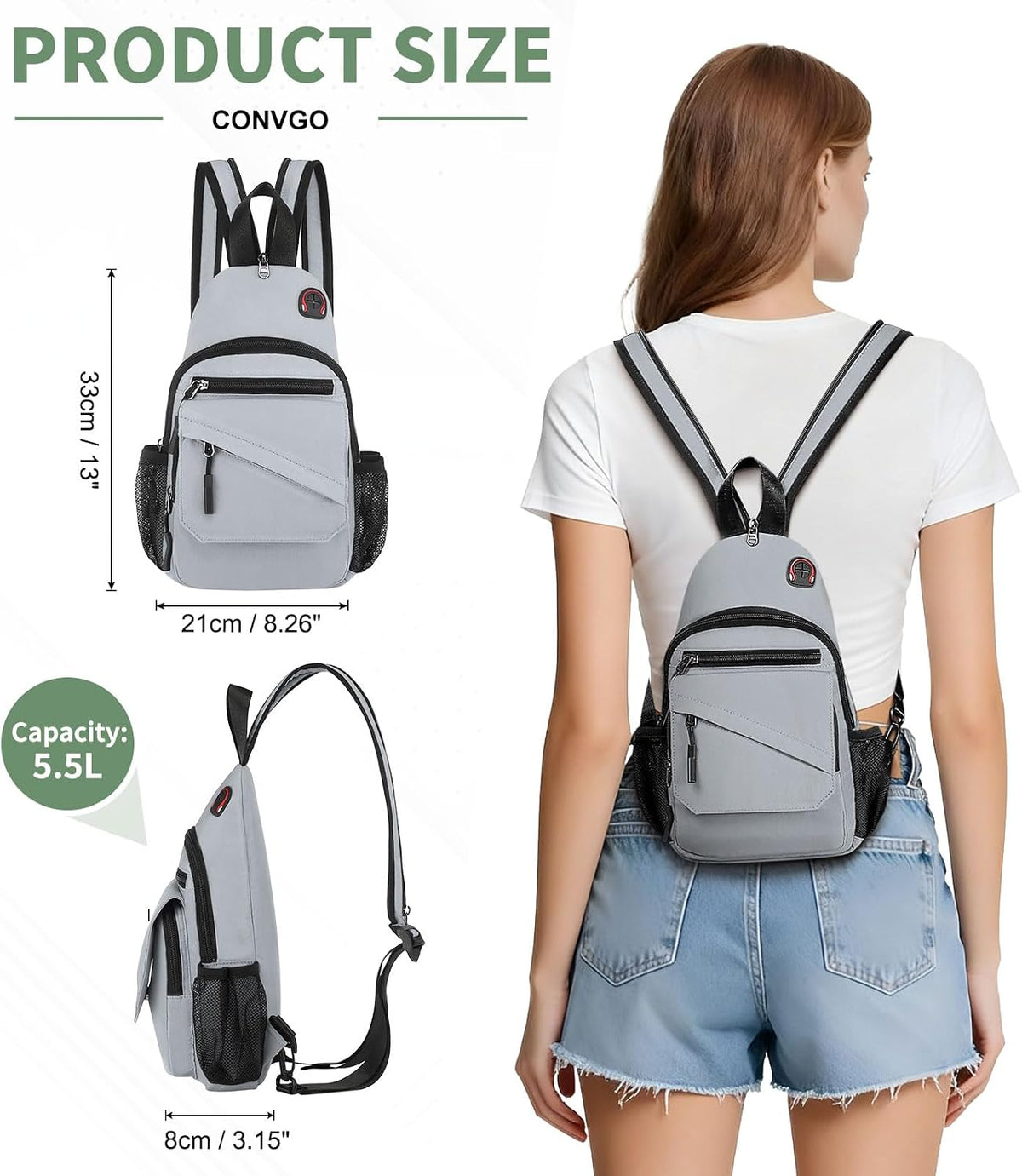 Small Crossbody Bag Casual Sling Bag for Men, Convertible Backpack, 3-in-1 Anti-Theft Shoulder Bag Trendy Daypack for Travel, Black