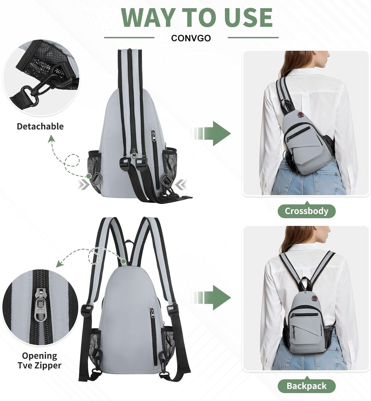 Small Crossbody Bag Casual Sling Bag for Men, Convertible Backpack, 3-in-1 Anti-Theft Shoulder Bag Trendy Daypack for Travel, Black