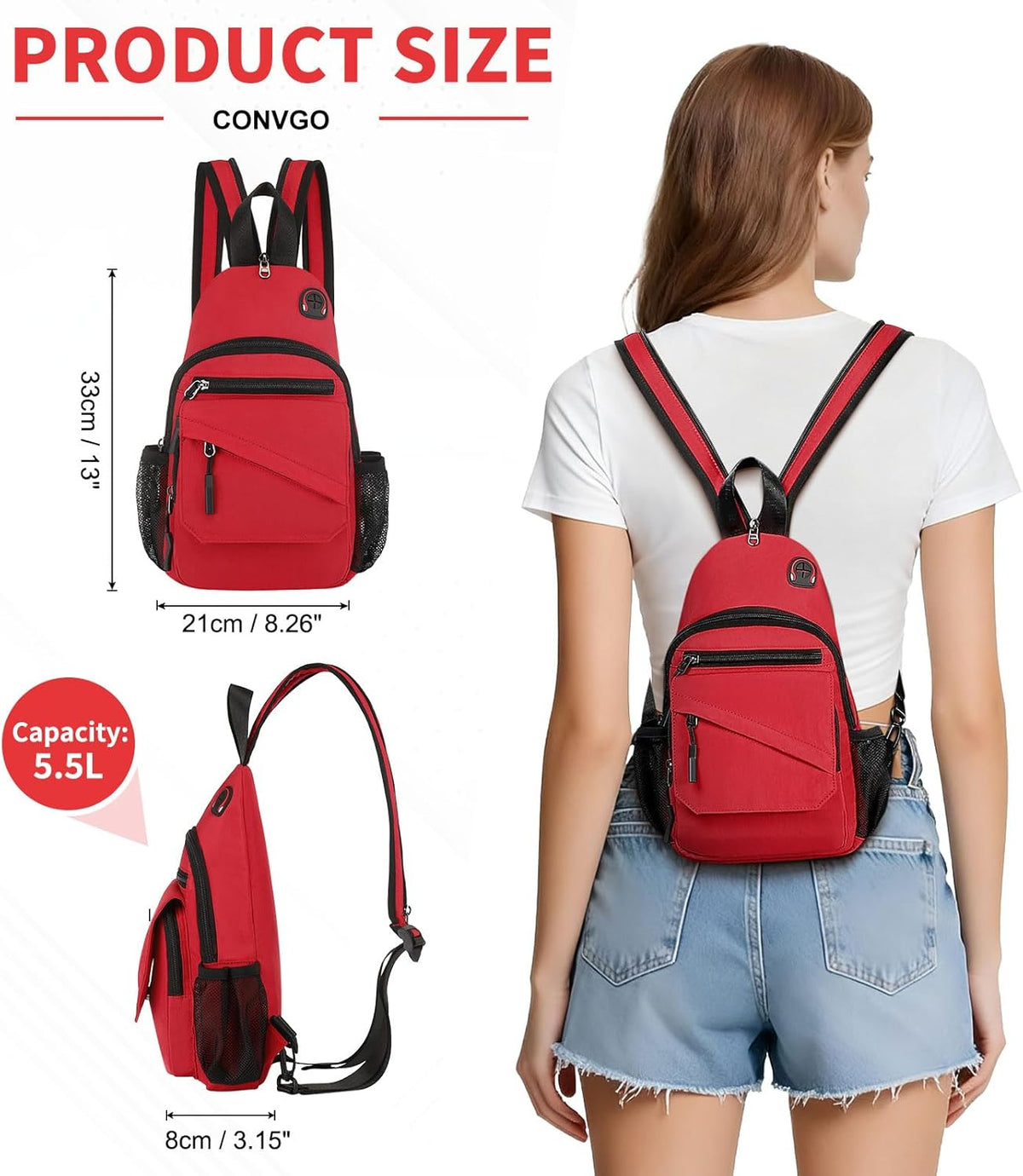 Small Crossbody Bag Casual Sling Bag for Men, Convertible Backpack, 3-in-1 Anti-Theft Shoulder Bag Trendy Daypack for Travel, Black