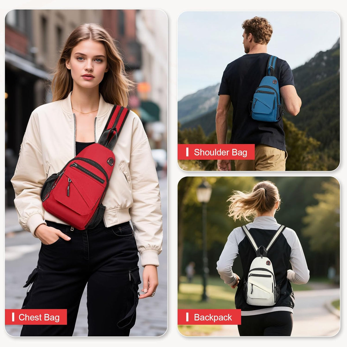 Small Crossbody Bag Casual Sling Bag for Men, Convertible Backpack, 3-in-1 Anti-Theft Shoulder Bag Trendy Daypack for Travel, Black