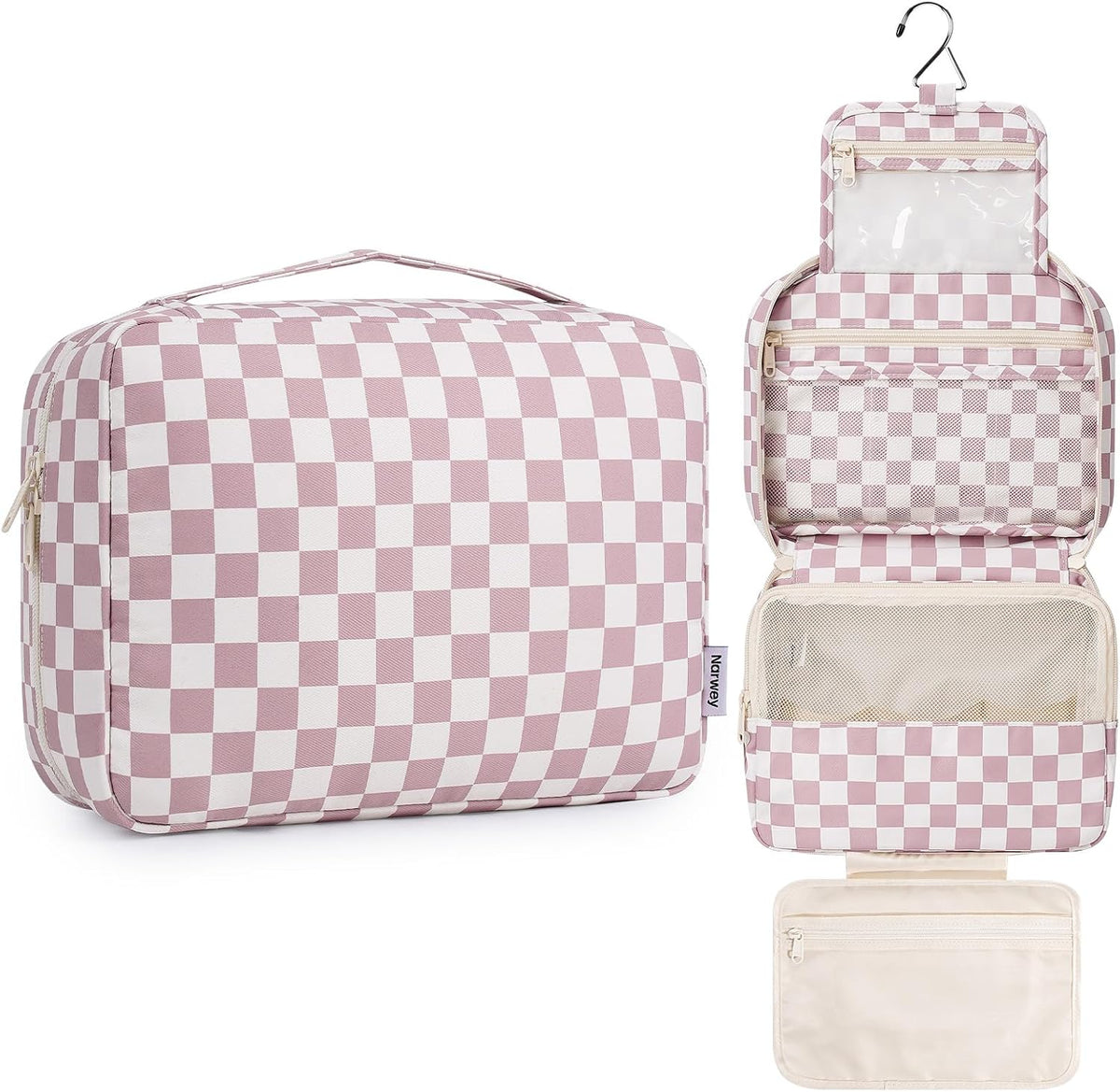 Large Hanging Travel Toiletry Bag for Women, Makeup Bag Organizer Cosmetic Bags Make Up Bags for Travel Toiletries Size Essentials Accessories (Dusty Pink Stripe)