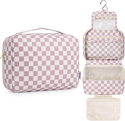 Large Hanging Travel Toiletry Bag for Women, Makeup Bag Organizer Cosmetic Bags Make Up Bags for Travel Toiletries Size Essentials Accessories (Dusty Pink Stripe)