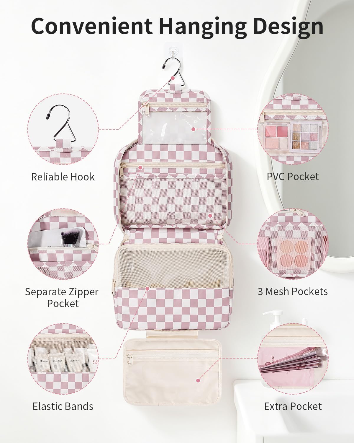 Large Hanging Travel Toiletry Bag for Women, Makeup Bag Organizer Cosmetic Bags Make Up Bags for Travel Toiletries Size Essentials Accessories (Dusty Pink Stripe)
