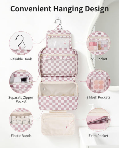 Large Hanging Travel Toiletry Bag for Women, Makeup Bag Organizer Cosmetic Bags Make Up Bags for Travel Toiletries Size Essentials Accessories (Dusty Pink Stripe)