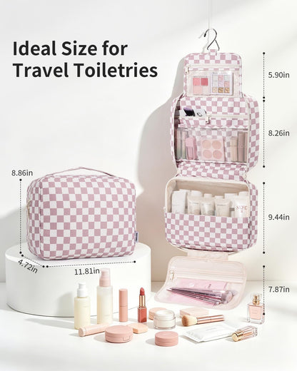 Large Hanging Travel Toiletry Bag for Women, Makeup Bag Organizer Cosmetic Bags Make Up Bags for Travel Toiletries Size Essentials Accessories (Dusty Pink Stripe)