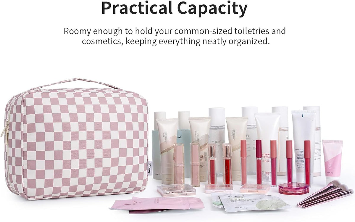 Large Hanging Travel Toiletry Bag for Women, Makeup Bag Organizer Cosmetic Bags Make Up Bags for Travel Toiletries Size Essentials Accessories (Dusty Pink Stripe)