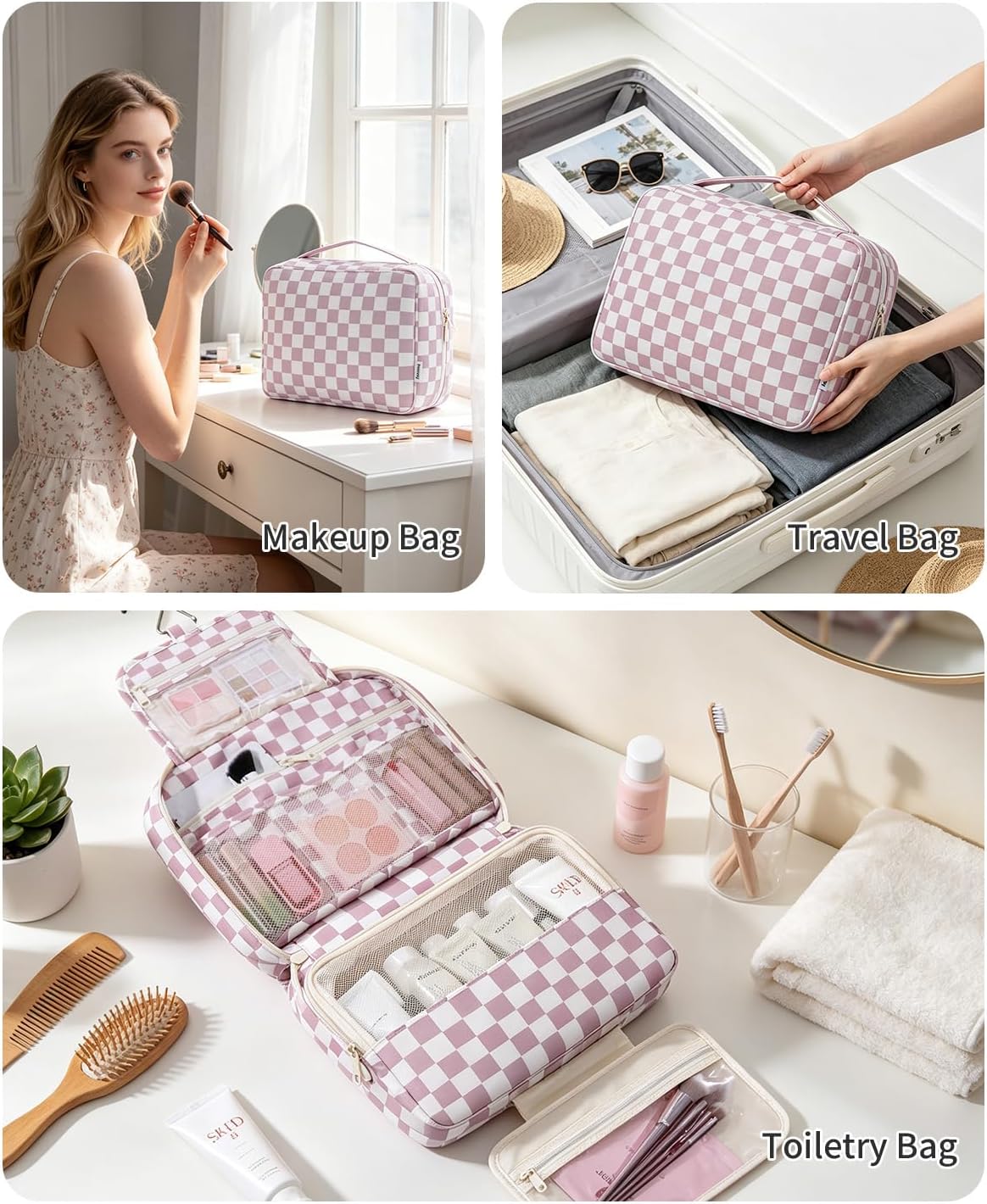 Large Hanging Travel Toiletry Bag for Women, Makeup Bag Organizer Cosmetic Bags Make Up Bags for Travel Toiletries Size Essentials Accessories (Dusty Pink Stripe)
