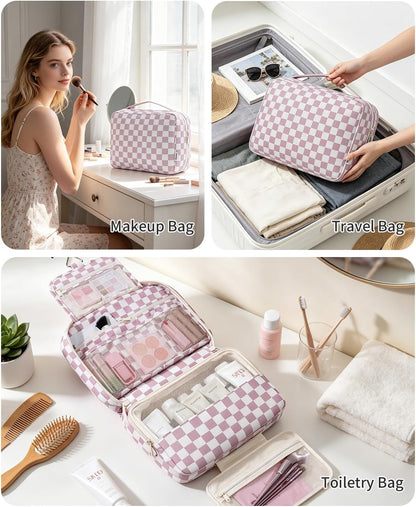 Large Hanging Travel Toiletry Bag for Women, Makeup Bag Organizer Cosmetic Bags Make Up Bags for Travel Toiletries Size Essentials Accessories (Dusty Pink Stripe)