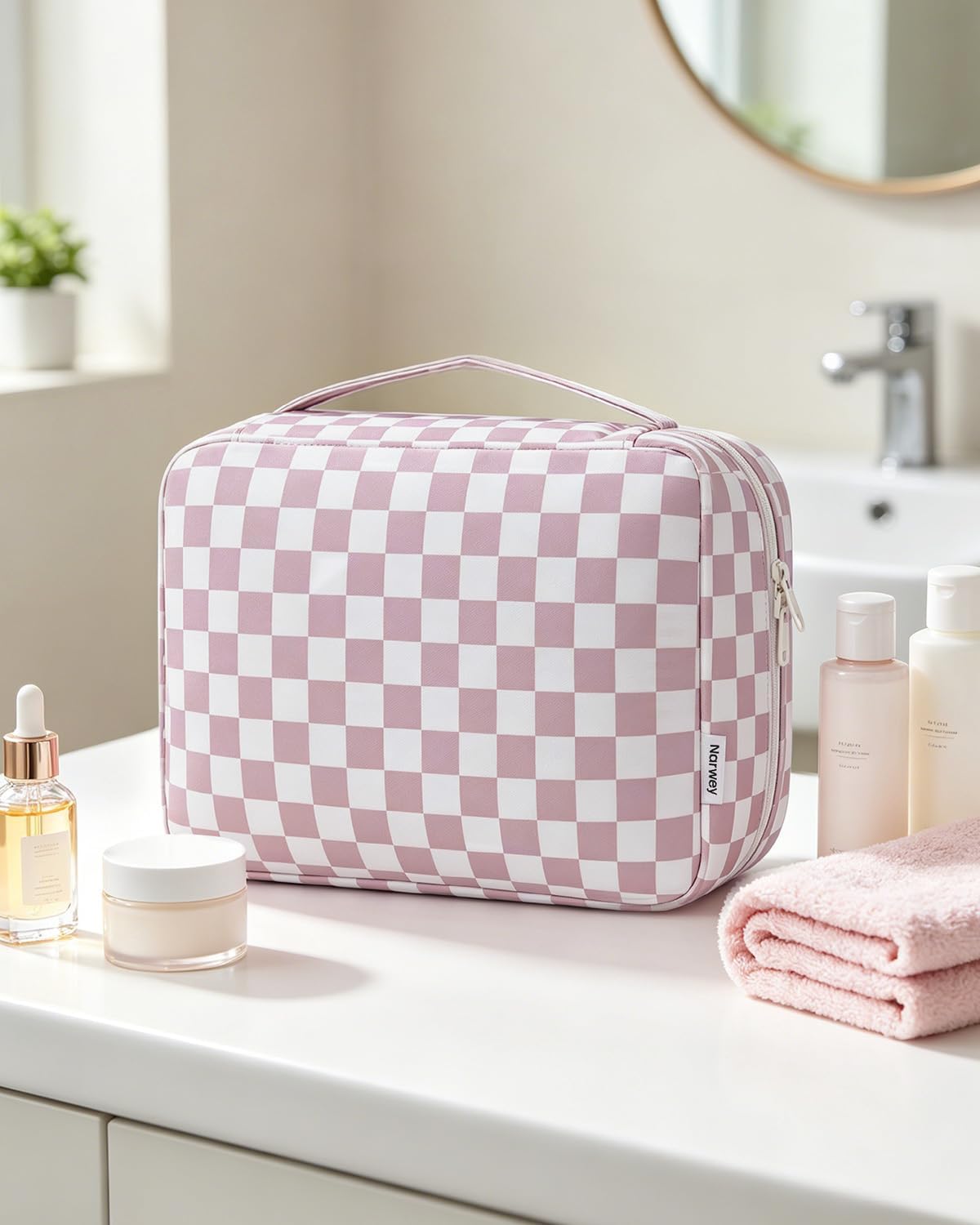 Large Hanging Travel Toiletry Bag for Women, Makeup Bag Organizer Cosmetic Bags Make Up Bags for Travel Toiletries Size Essentials Accessories (Dusty Pink Stripe)
