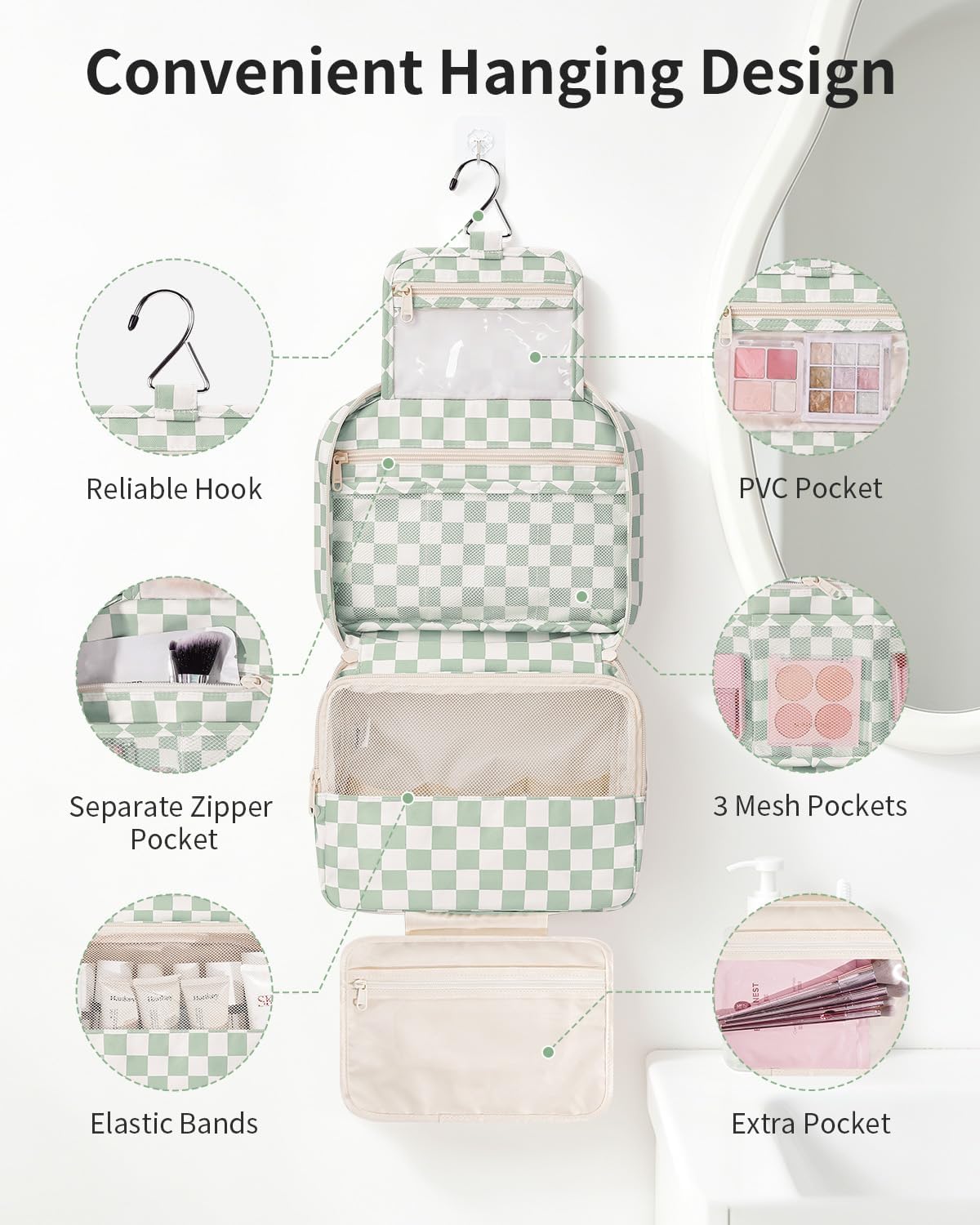 Large Hanging Travel Toiletry Bag for Women, Makeup Bag Organizer Cosmetic Bags Make Up Bags for Travel Toiletries Size Essentials Accessories (Dusty Pink Stripe)