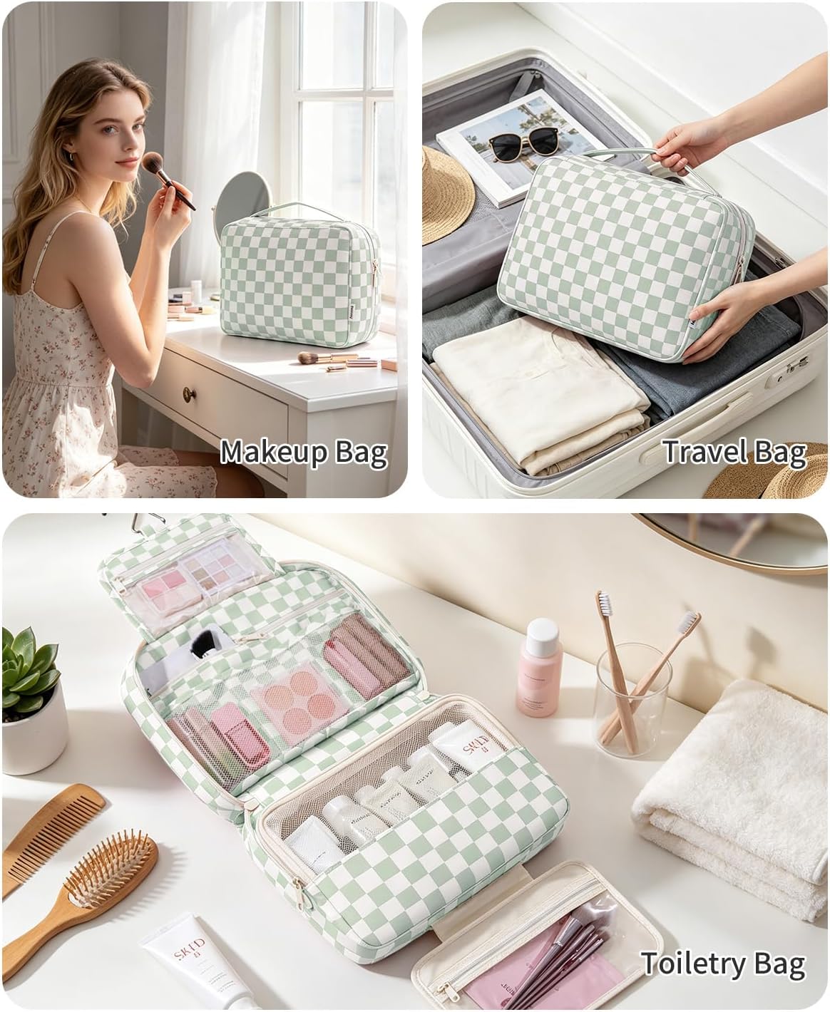 Large Hanging Travel Toiletry Bag for Women, Makeup Bag Organizer Cosmetic Bags Make Up Bags for Travel Toiletries Size Essentials Accessories (Dusty Pink Stripe)