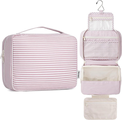 Large Hanging Travel Toiletry Bag for Women, Makeup Bag Organizer Cosmetic Bags Make Up Bags for Travel Toiletries Size Essentials Accessories (Dusty Pink Stripe)