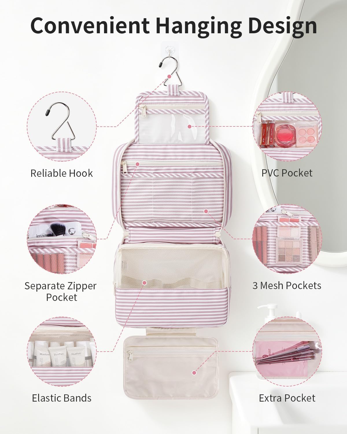 Large Hanging Travel Toiletry Bag for Women, Makeup Bag Organizer Cosmetic Bags Make Up Bags for Travel Toiletries Size Essentials Accessories (Dusty Pink Stripe)