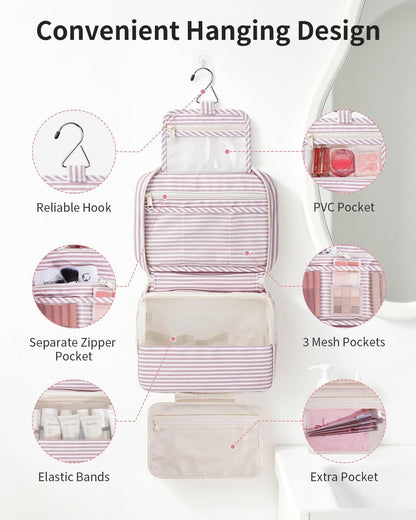 Large Hanging Travel Toiletry Bag for Women, Makeup Bag Organizer Cosmetic Bags Make Up Bags for Travel Toiletries Size Essentials Accessories (Dusty Pink Stripe)