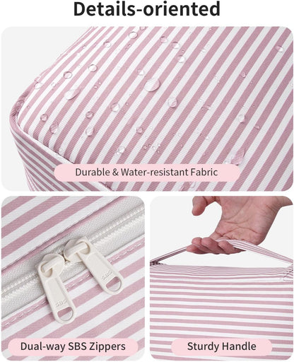 Large Hanging Travel Toiletry Bag for Women, Makeup Bag Organizer Cosmetic Bags Make Up Bags for Travel Toiletries Size Essentials Accessories (Dusty Pink Stripe)