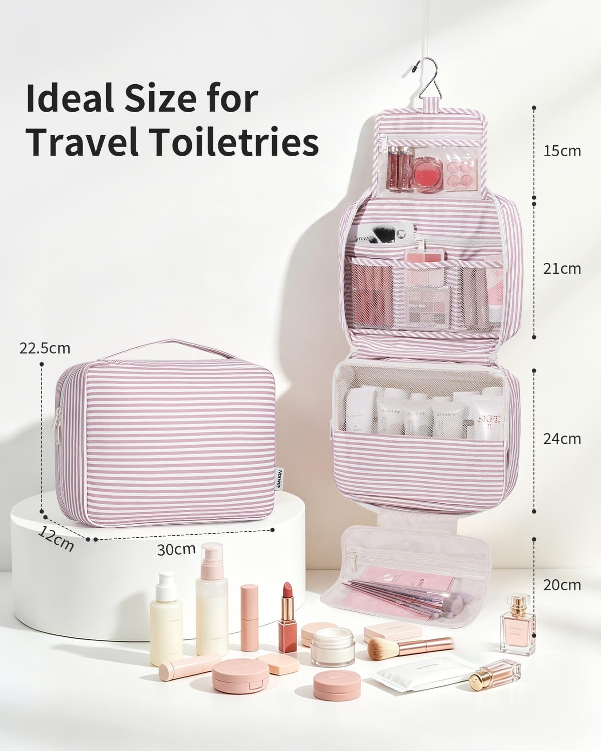 Large Hanging Travel Toiletry Bag for Women, Makeup Bag Organizer Cosmetic Bags Make Up Bags for Travel Toiletries Size Essentials Accessories (Dusty Pink Stripe)