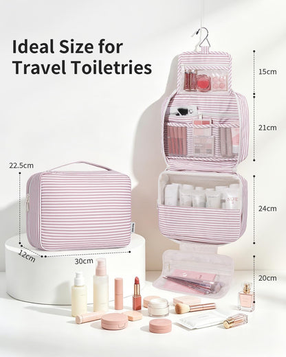 Large Hanging Travel Toiletry Bag for Women, Makeup Bag Organizer Cosmetic Bags Make Up Bags for Travel Toiletries Size Essentials Accessories (Dusty Pink Stripe)