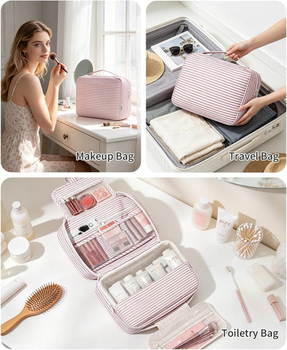 Large Hanging Travel Toiletry Bag for Women, Makeup Bag Organizer Cosmetic Bags Make Up Bags for Travel Toiletries Size Essentials Accessories (Dusty Pink Stripe)