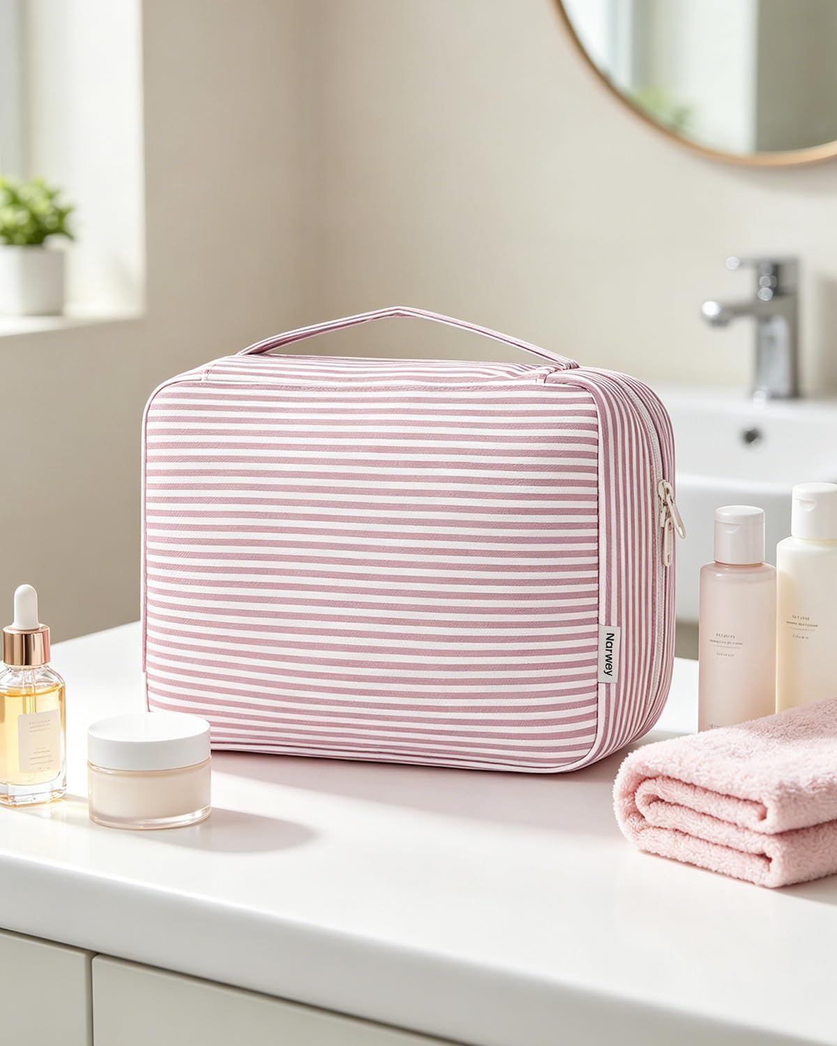 Large Hanging Travel Toiletry Bag for Women, Makeup Bag Organizer Cosmetic Bags Make Up Bags for Travel Toiletries Size Essentials Accessories (Dusty Pink Stripe)