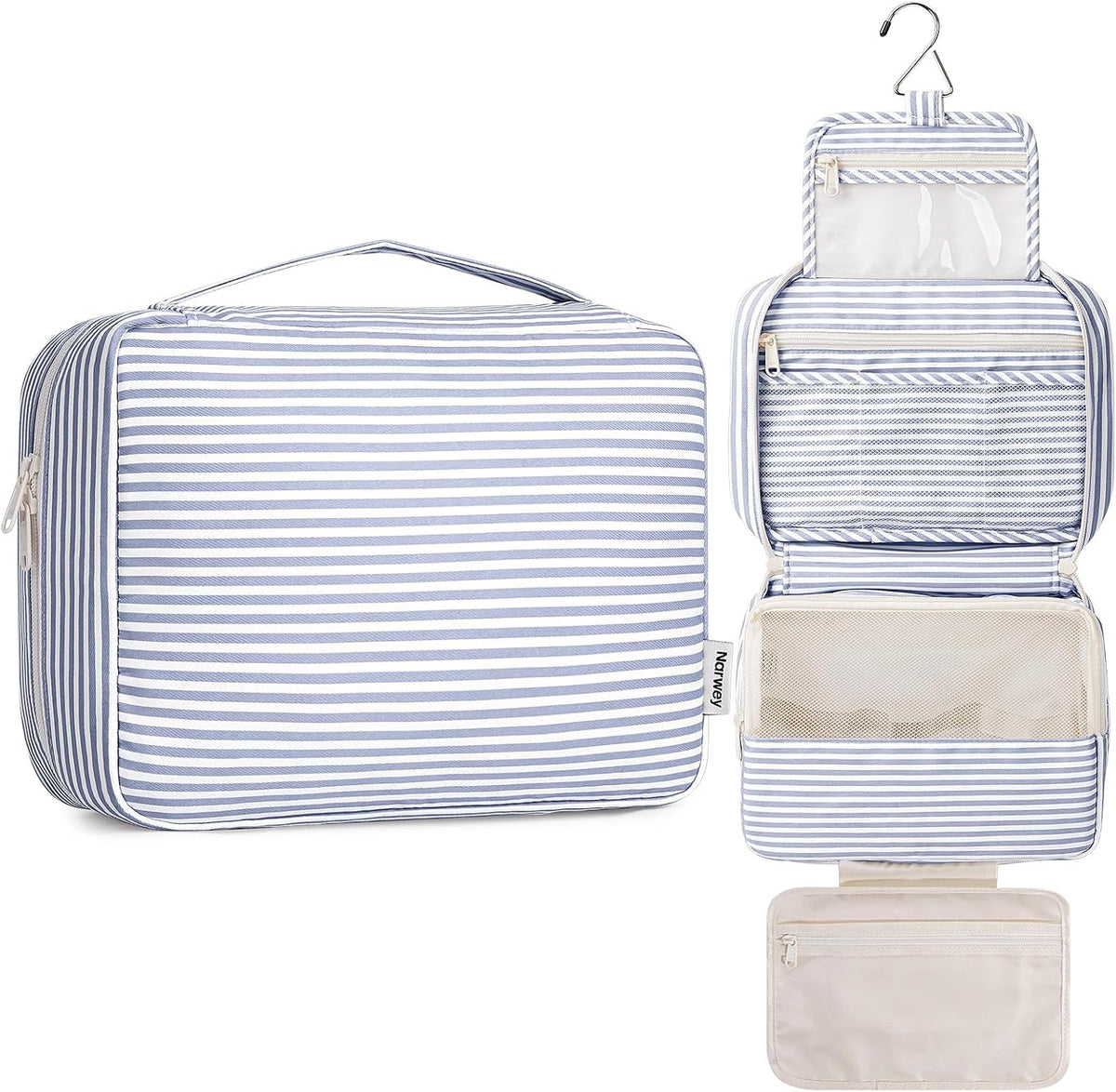 Large Hanging Travel Toiletry Bag for Women, Makeup Bag Organizer Cosmetic Bags Make Up Bags for Travel Toiletries Size Essentials Accessories (Dusty Pink Stripe)