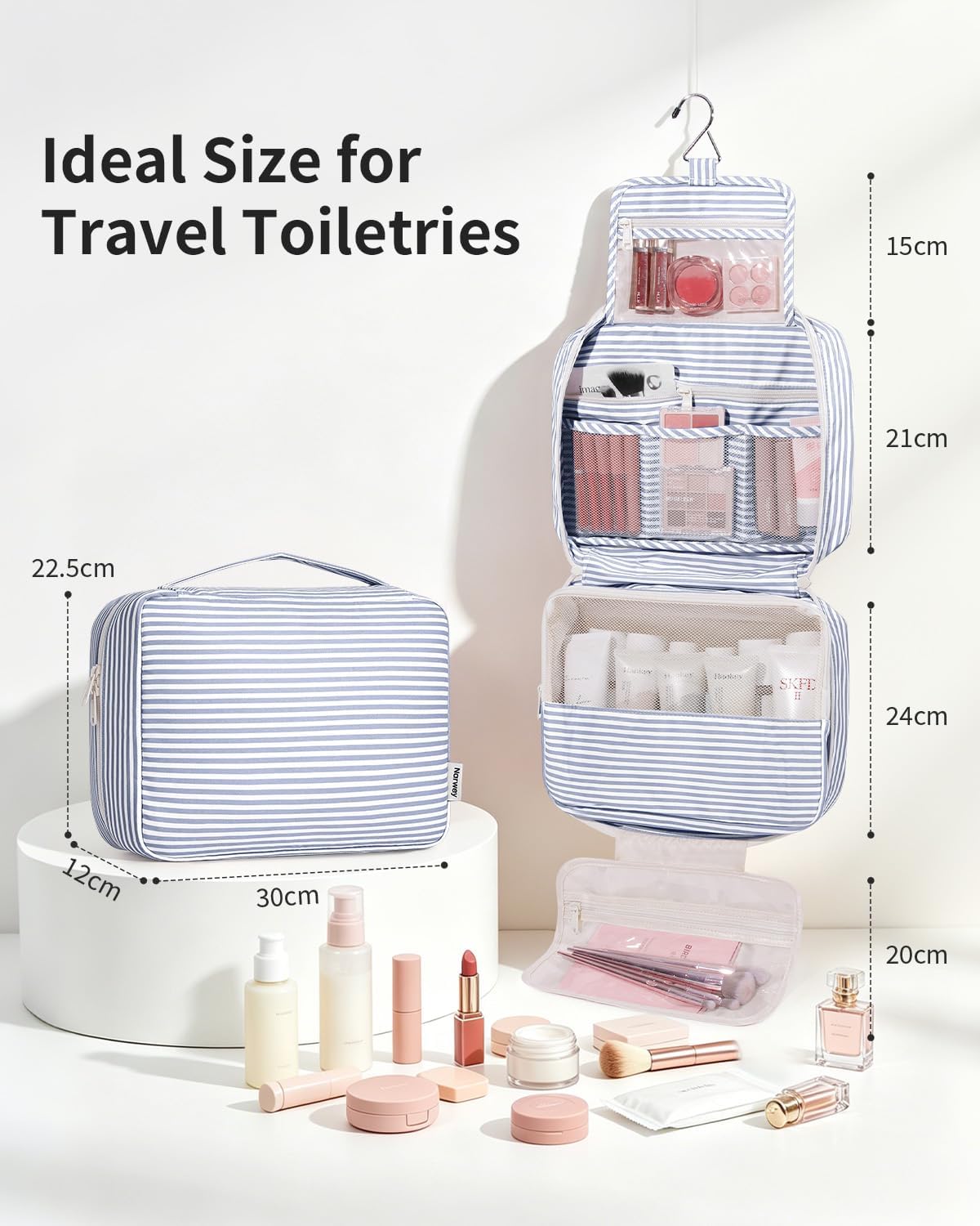 Large Hanging Travel Toiletry Bag for Women, Makeup Bag Organizer Cosmetic Bags Make Up Bags for Travel Toiletries Size Essentials Accessories (Dusty Pink Stripe)