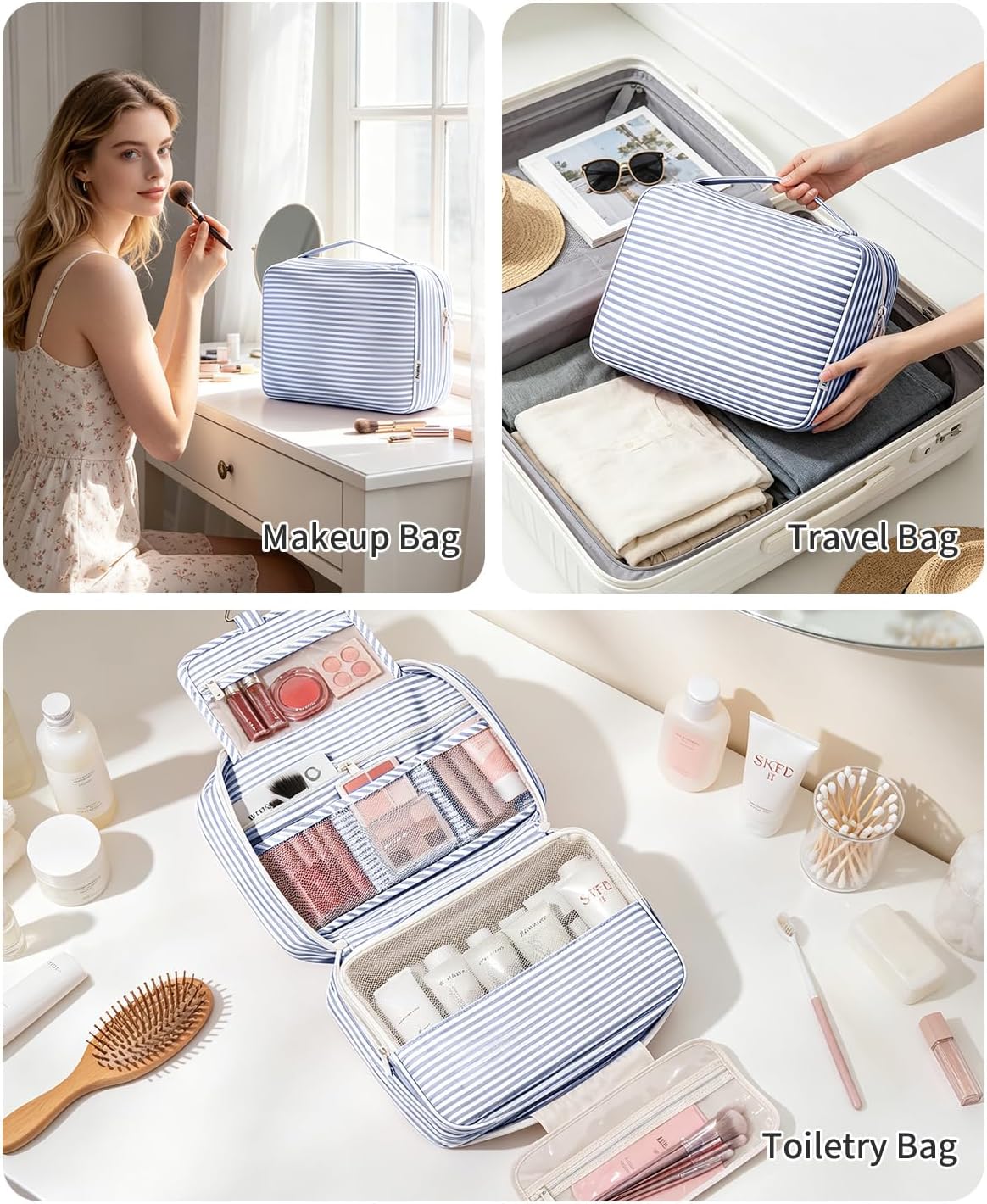 Large Hanging Travel Toiletry Bag for Women, Makeup Bag Organizer Cosmetic Bags Make Up Bags for Travel Toiletries Size Essentials Accessories (Dusty Pink Stripe)