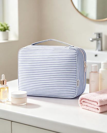 Large Hanging Travel Toiletry Bag for Women, Makeup Bag Organizer Cosmetic Bags Make Up Bags for Travel Toiletries Size Essentials Accessories (Dusty Pink Stripe)