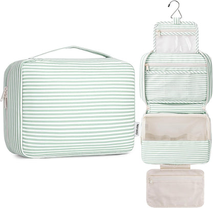 Large Hanging Travel Toiletry Bag for Women, Makeup Bag Organizer Cosmetic Bags Make Up Bags for Travel Toiletries Size Essentials Accessories (Dusty Pink Stripe)