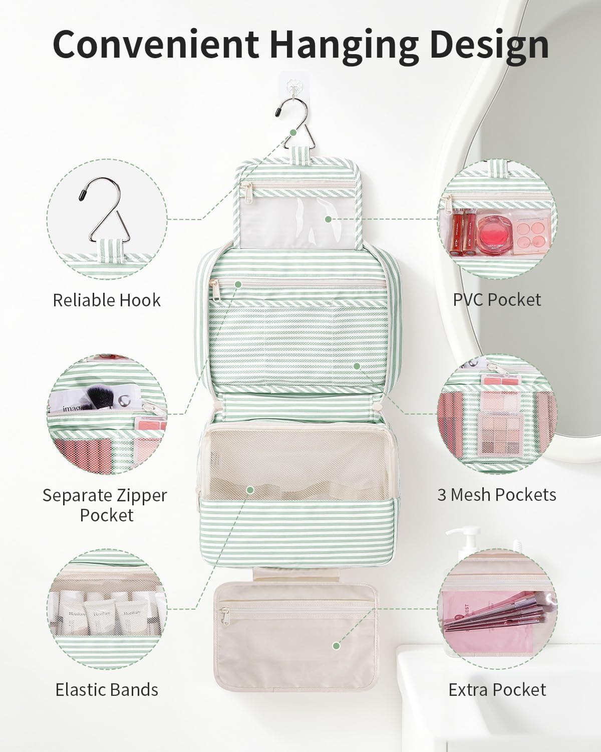 Large Hanging Travel Toiletry Bag for Women, Makeup Bag Organizer Cosmetic Bags Make Up Bags for Travel Toiletries Size Essentials Accessories (Dusty Pink Stripe)