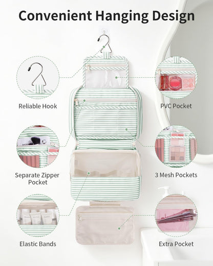 Large Hanging Travel Toiletry Bag for Women, Makeup Bag Organizer Cosmetic Bags Make Up Bags for Travel Toiletries Size Essentials Accessories (Dusty Pink Stripe)