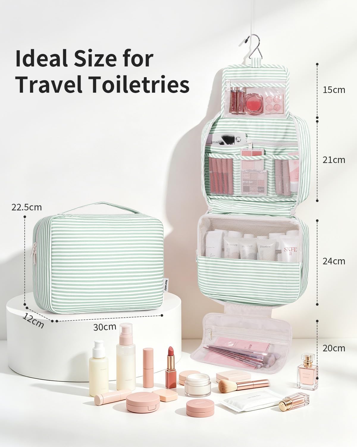 Large Hanging Travel Toiletry Bag for Women, Makeup Bag Organizer Cosmetic Bags Make Up Bags for Travel Toiletries Size Essentials Accessories (Dusty Pink Stripe)