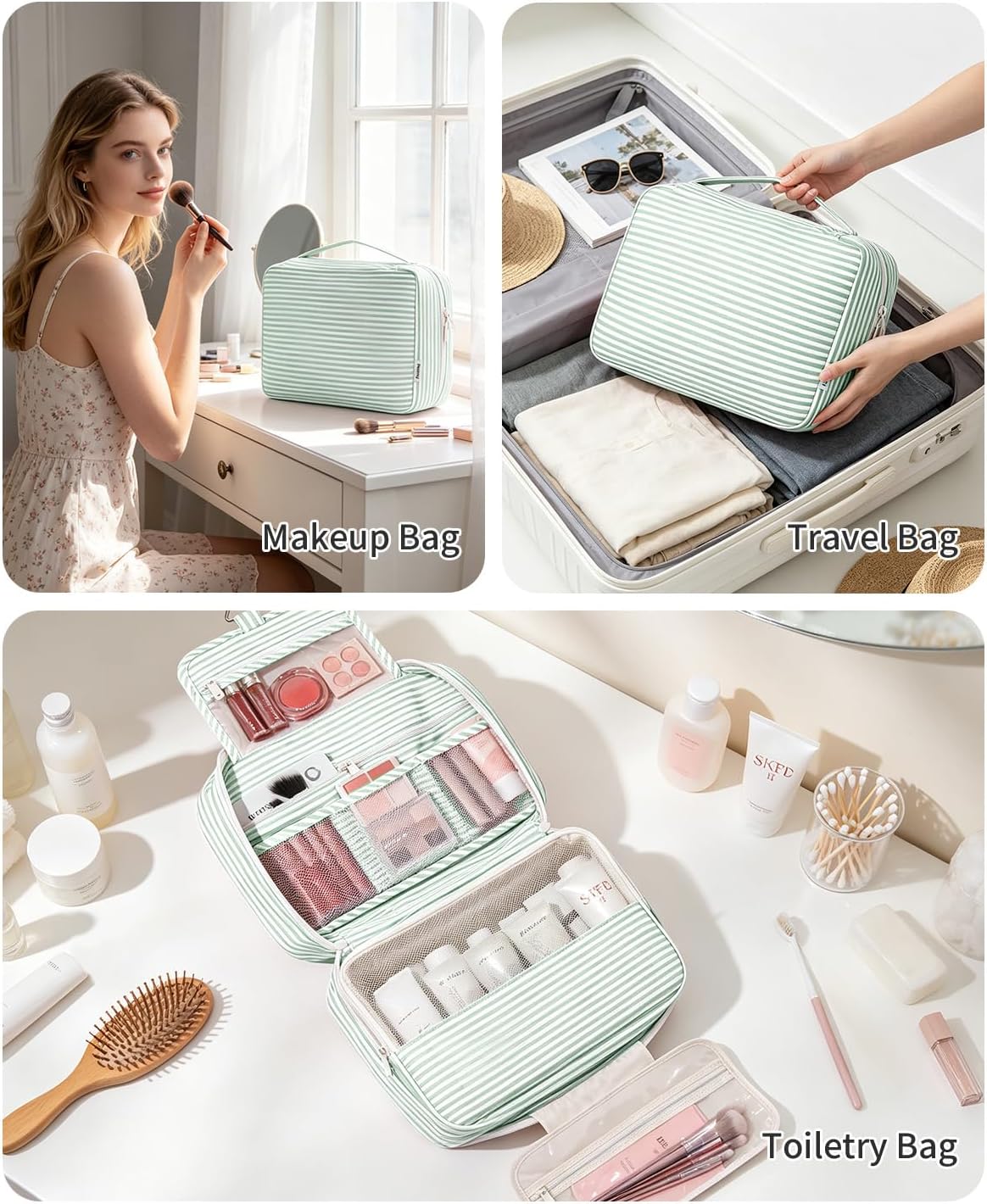 Large Hanging Travel Toiletry Bag for Women, Makeup Bag Organizer Cosmetic Bags Make Up Bags for Travel Toiletries Size Essentials Accessories (Dusty Pink Stripe)