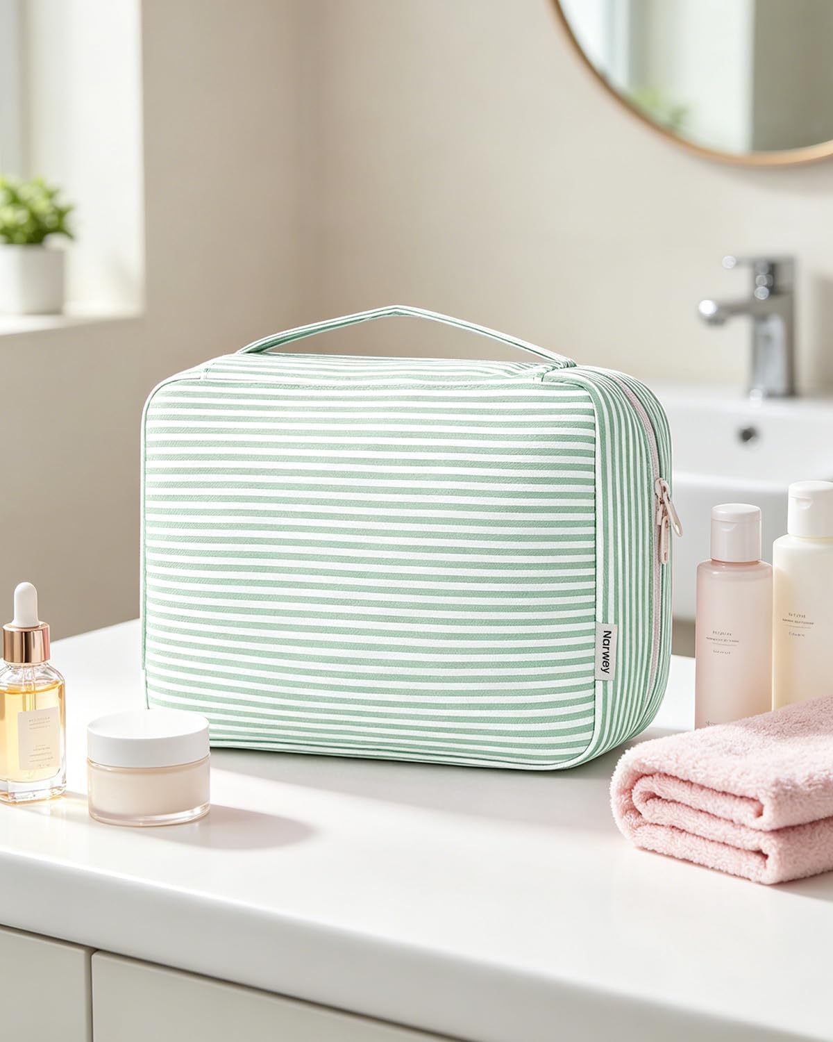 Large Hanging Travel Toiletry Bag for Women, Makeup Bag Organizer Cosmetic Bags Make Up Bags for Travel Toiletries Size Essentials Accessories (Dusty Pink Stripe)