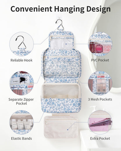 Large Hanging Travel Toiletry Bag for Women, Makeup Bag Organizer Cosmetic Bags Make Up Bags for Travel Toiletries Size Essentials Accessories (Dusty Pink Stripe)