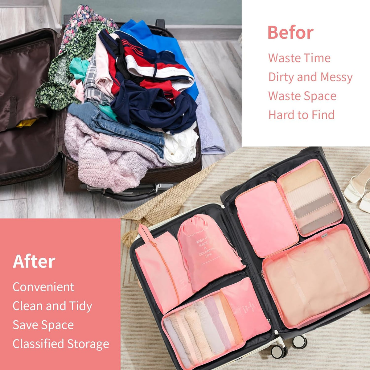 Packing Cubes for Suitcases, Travel Luggage Organizer Bags, Suitcase Organizer Bags Set for Carry on Luggage Travel Essentials, Pink