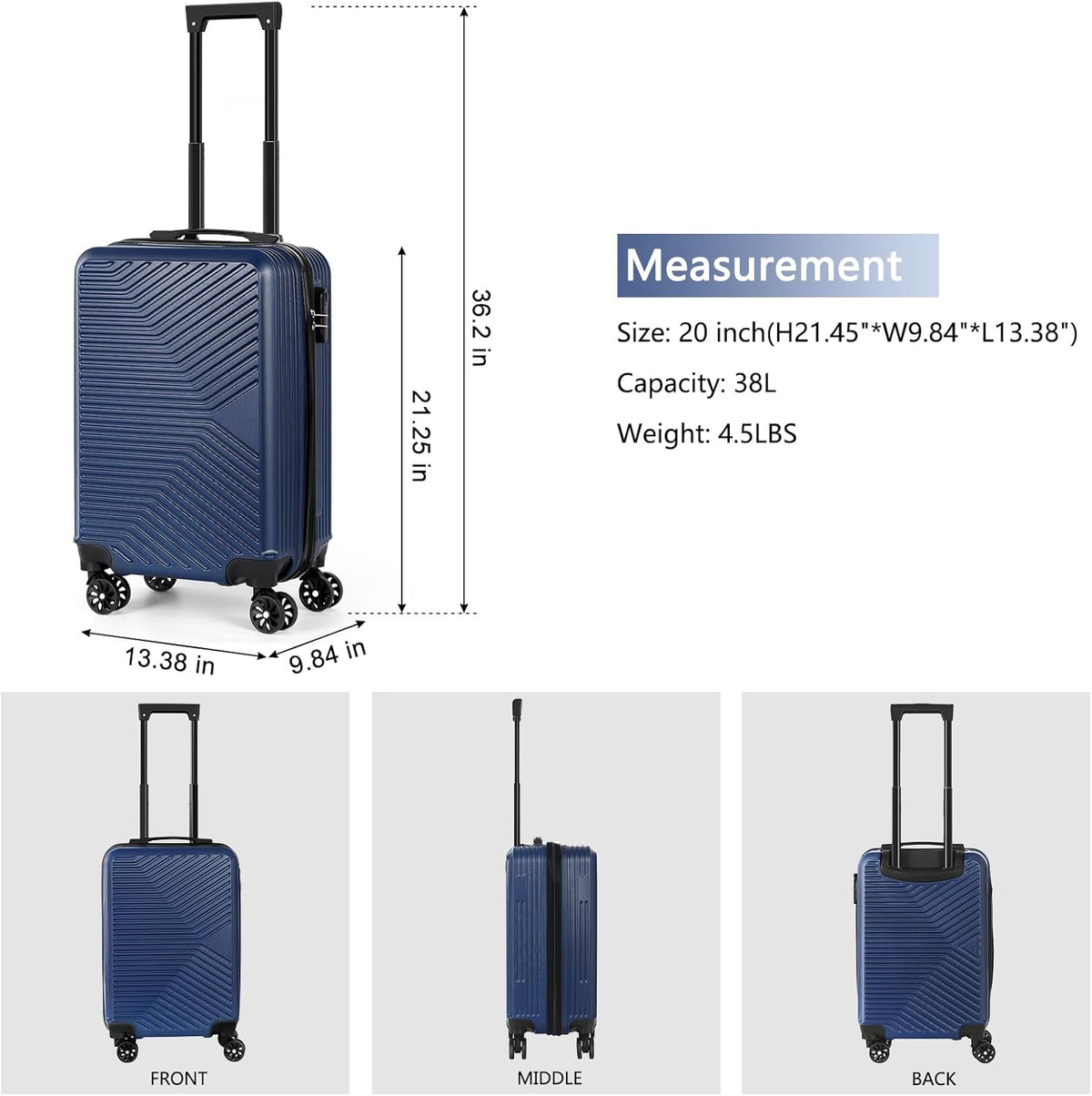 Carry-On Luggage, Lightweight Hardside Suitcase with Spinner Wheels,Airline Approved (Silvery-Triangle pattern)