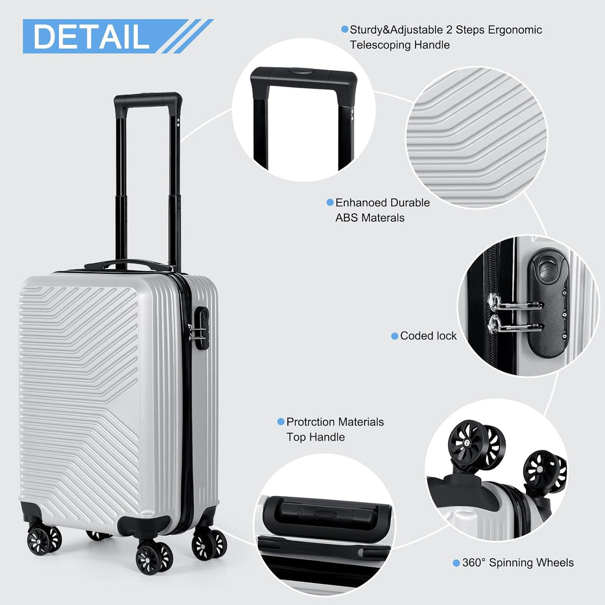 Carry-On Luggage, Lightweight Hardside Suitcase with Spinner Wheels,Airline Approved (Silvery-Triangle pattern)