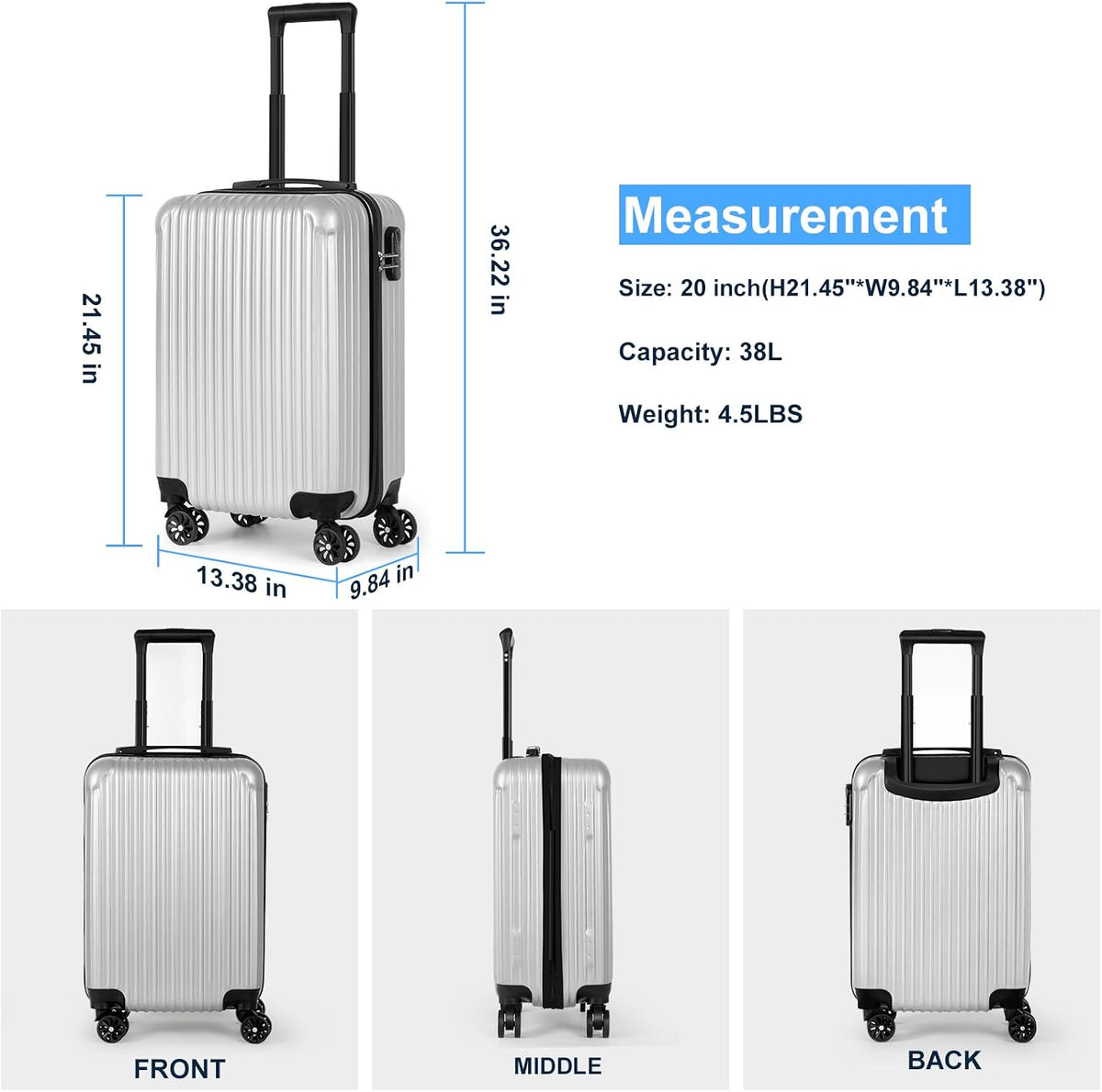 Carry-On Luggage, Lightweight Hardside Suitcase with Spinner Wheels,Airline Approved (Silvery-Triangle pattern)