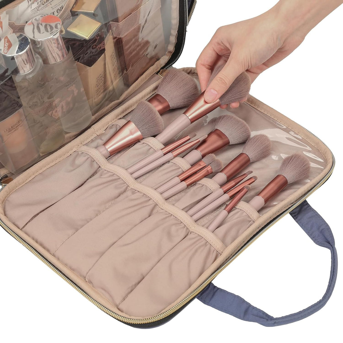 Travel Makeup Bag Stand Up, Portable Cosmetic Organizer, Cosmetic Case for Travel-Size Toiletries, Rosewood-Pink