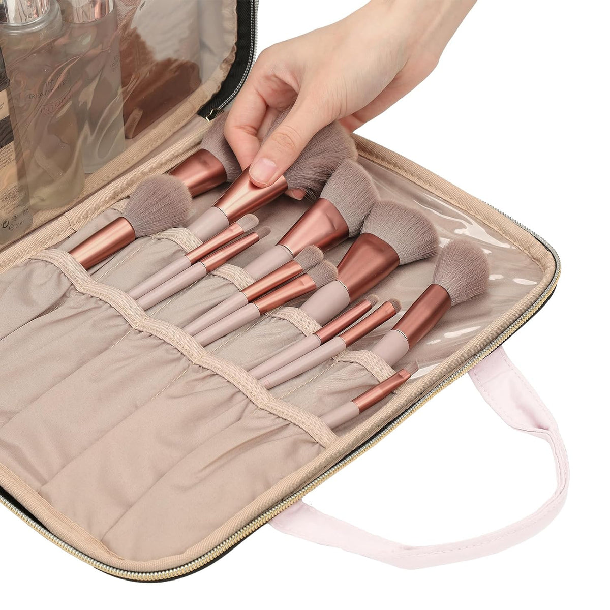 Travel Makeup Bag Stand Up, Portable Cosmetic Organizer, Cosmetic Case for Travel-Size Toiletries, Rosewood-Pink