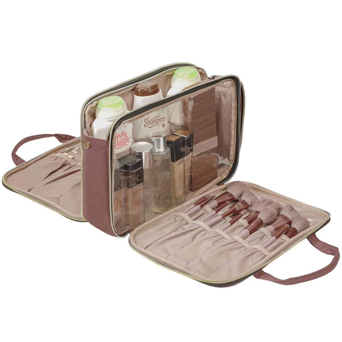 Travel Makeup Bag Stand Up, Portable Cosmetic Organizer, Cosmetic Case for Travel-Size Toiletries, Rosewood-Pink