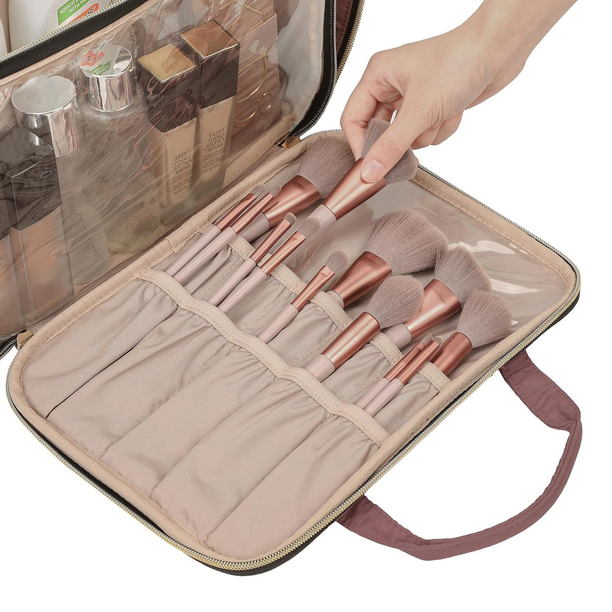 Travel Makeup Bag Stand Up, Portable Cosmetic Organizer, Cosmetic Case for Travel-Size Toiletries, Rosewood-Pink