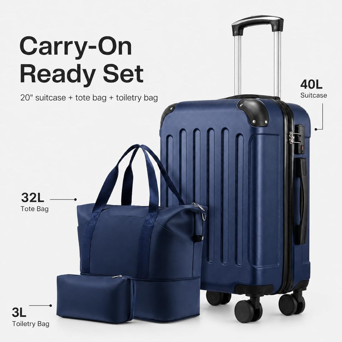Carry On Luggage 22x14x9 Airline Approved, Hardside Suitcase with Wheels, TSA Approved, Tote Bag, White Brown