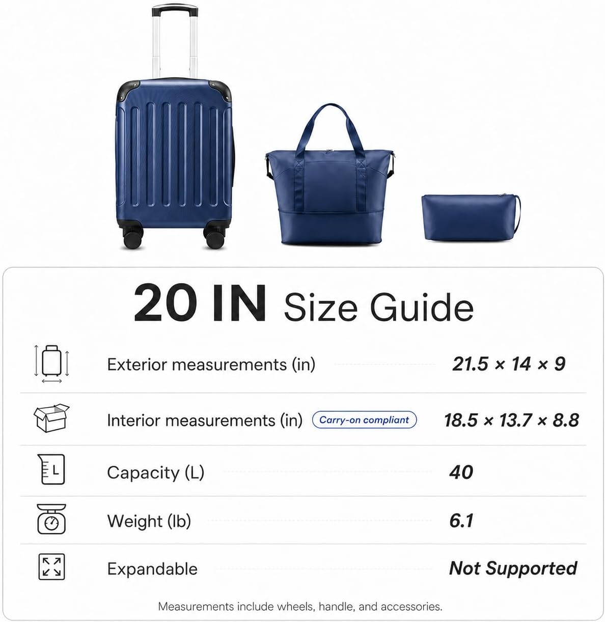 Carry On Luggage 22x14x9 Airline Approved, Hardside Suitcase with Wheels, TSA Approved, Tote Bag, White Brown