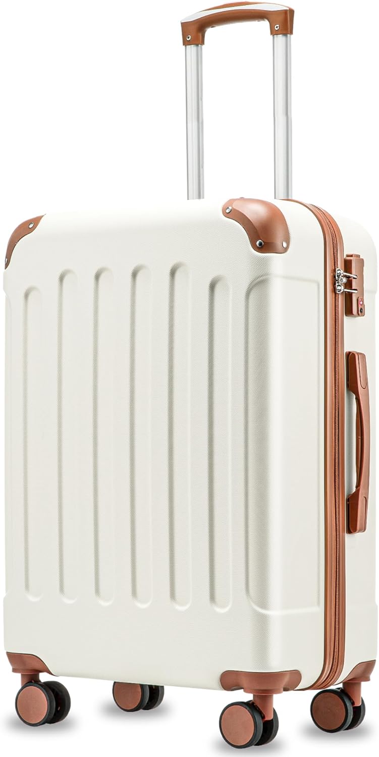 Carry On Luggage 22x14x9 Airline Approved, Hardside Suitcase with Wheels, TSA Approved, Tote Bag, White Brown