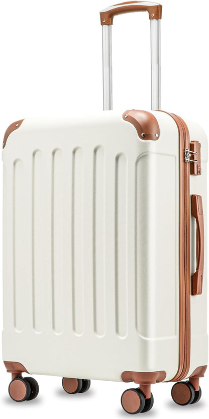 Carry On Luggage 22x14x9 Airline Approved, Hardside Suitcase with Wheels, TSA Approved, Tote Bag, White Brown