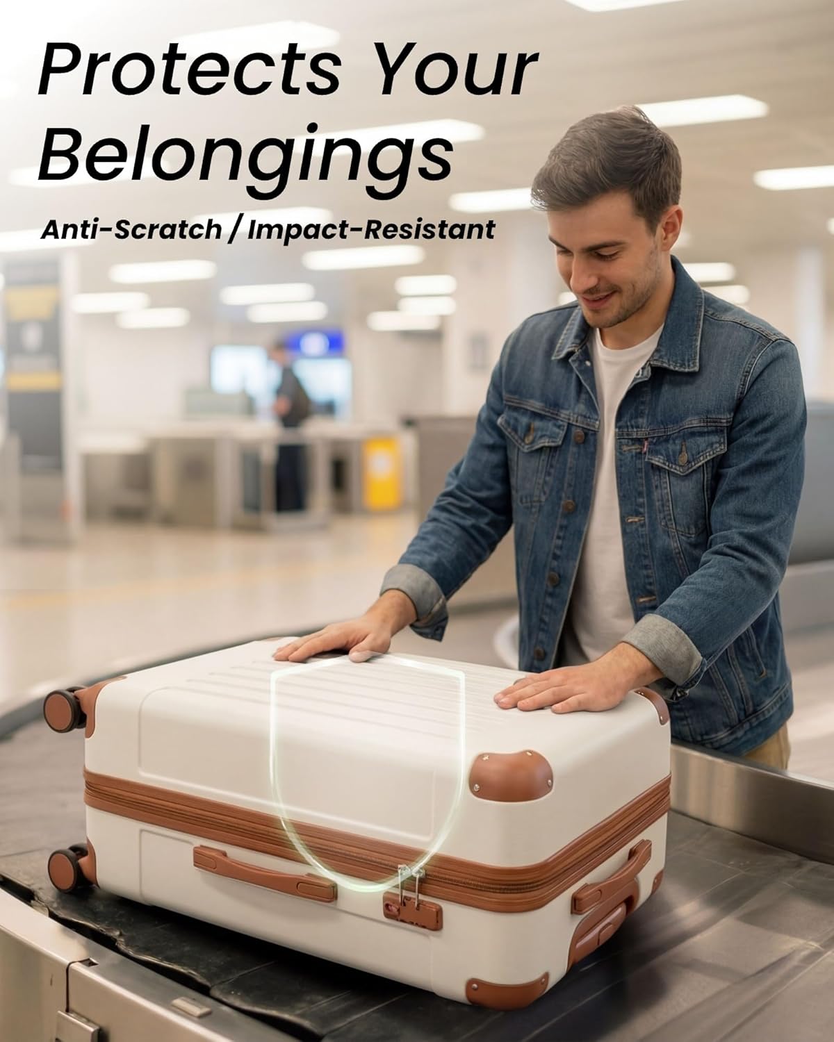Carry On Luggage 22x14x9 Airline Approved, Hardside Suitcase with Wheels, TSA Approved, Tote Bag, White Brown