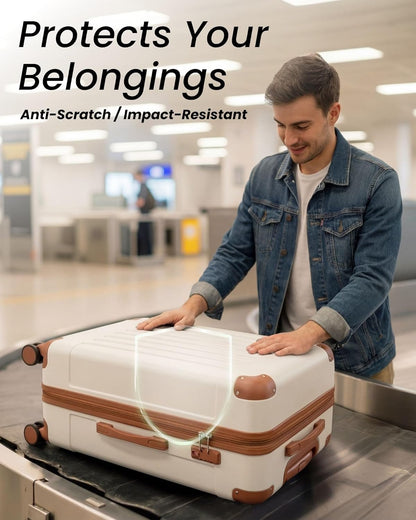 Carry On Luggage 22x14x9 Airline Approved, Hardside Suitcase with Wheels, TSA Approved, Tote Bag, White Brown